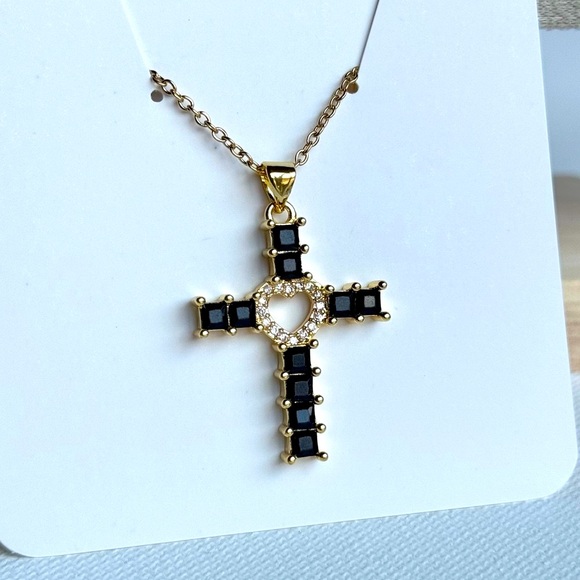 Gold and Black Cross Pendant Necklace - Picture 1 of 3